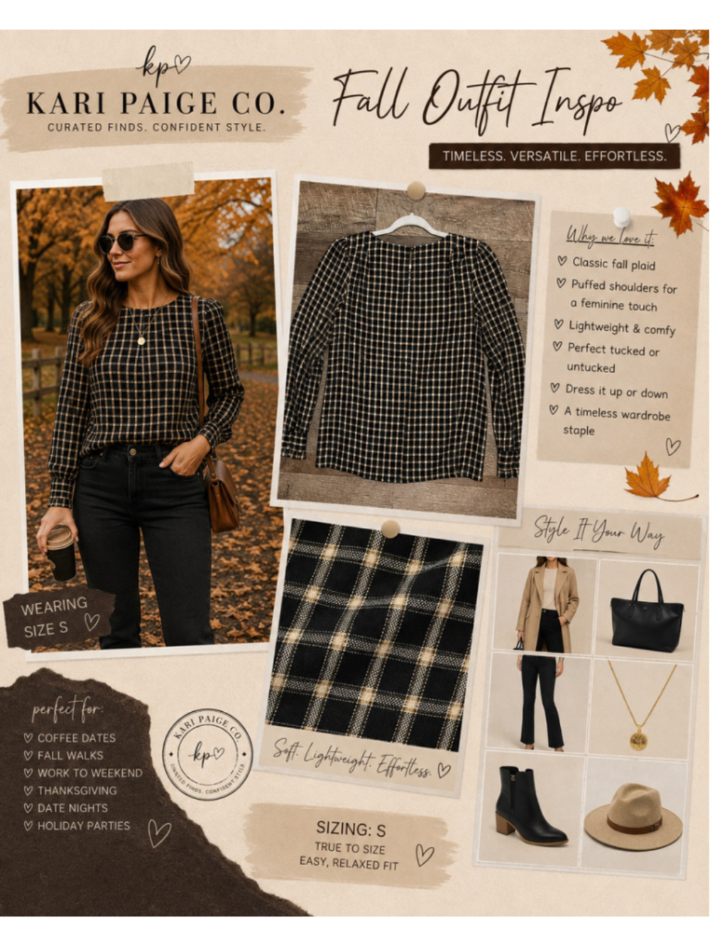 LOFT women's Small, black and gold plaid shirt Fall